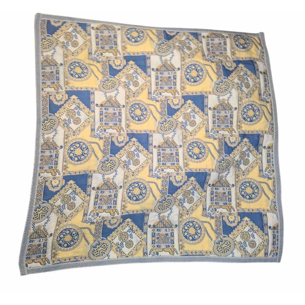 Vintage Chinoiserie Pagoda Tapestry Blue & Yellow  Wall Hanging / Textile Art